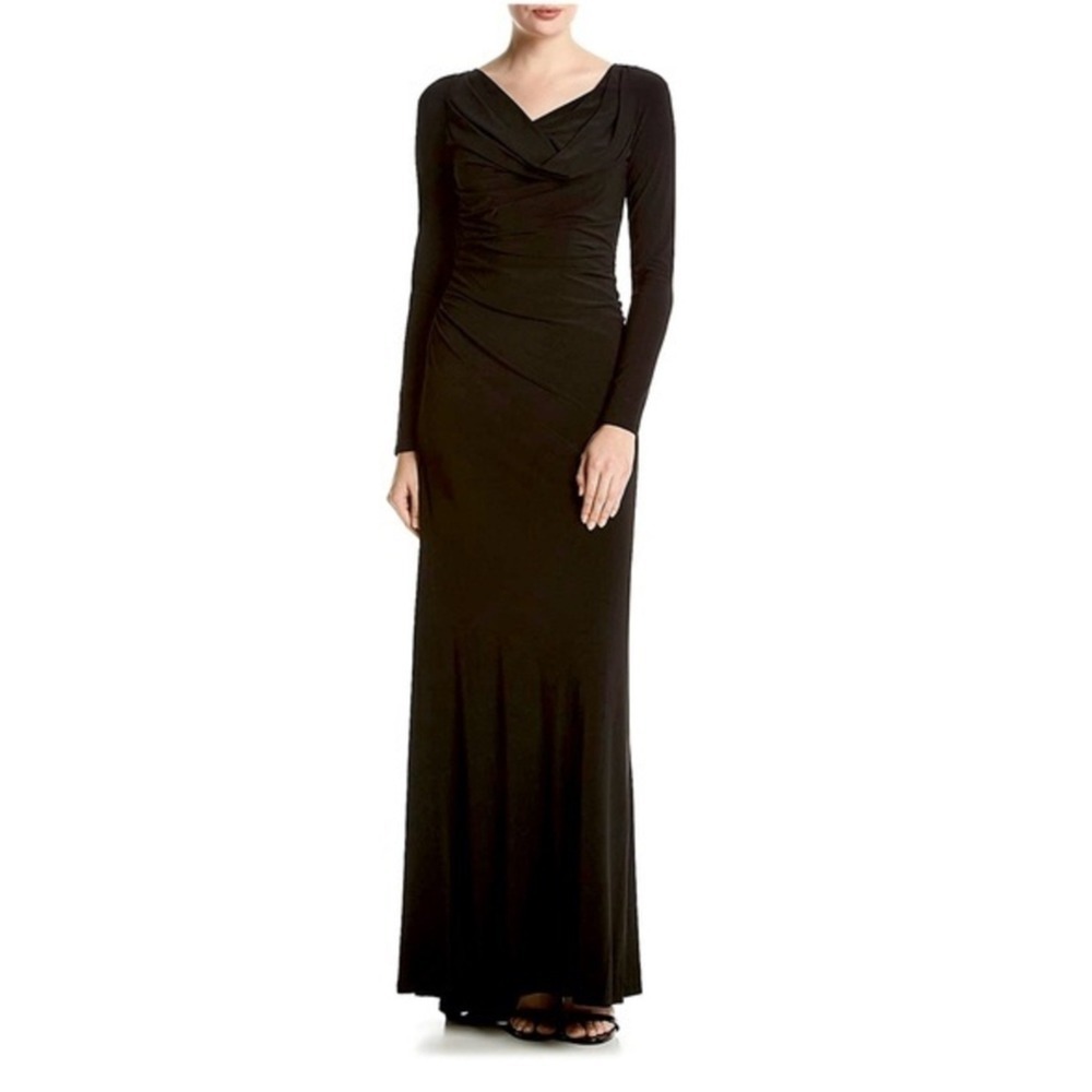 New Vera Wang Matte Jersey Cowl Neck Long Sleeve Black Gown Size 10
